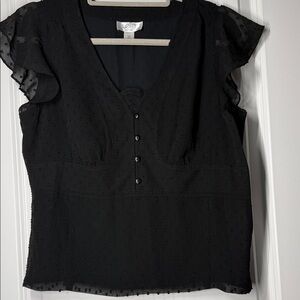 LOFT Black Swiss Dot V-Neck Button Flutter Sleeve Top